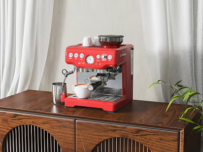 Red Espresso Machine As Kitchen Appliance With Wooden Countertop Cup Plant And White Curtain 3d model