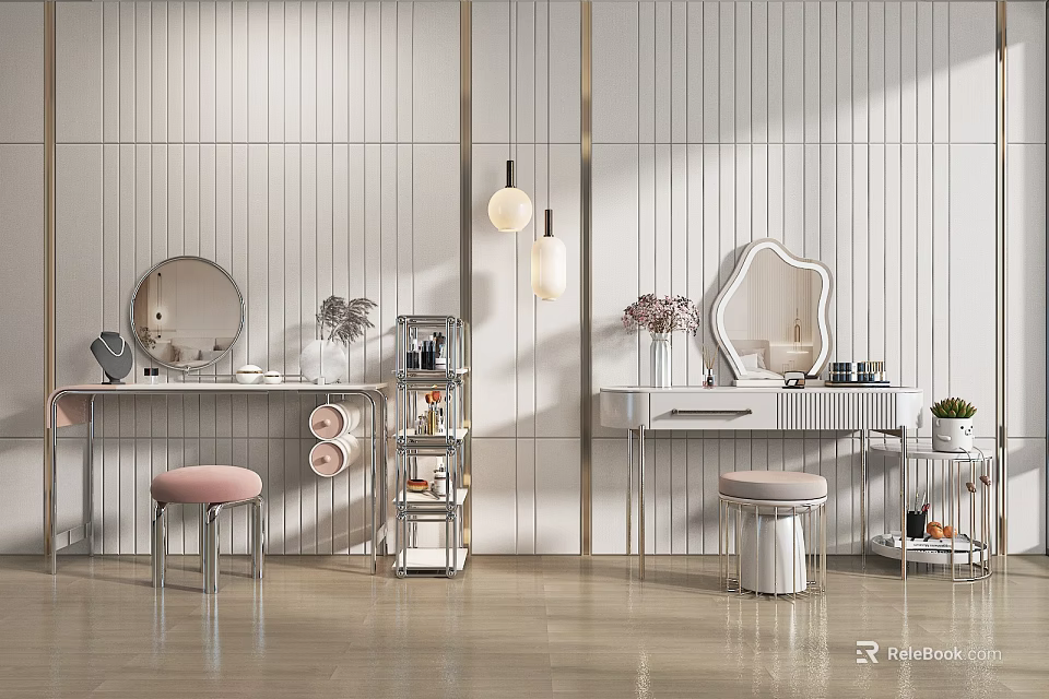 Modern Vanity Table With Mirrors White Striped Walls Pendant Lights Pink Stools Vases And Cosmetics 3d model 