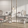 Modern Vanity Table With Mirrors White Striped Walls Pendant Lights Pink Stools Vases And Cosmetics