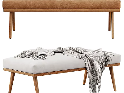 Modern Brown and Light Gray Upholstered Benches with Wooden Legs and Striped Throw Blanket 3d model
