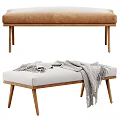 Modern Brown and Light Gray Upholstered Benches with Wooden Legs and Striped Throw Blanket