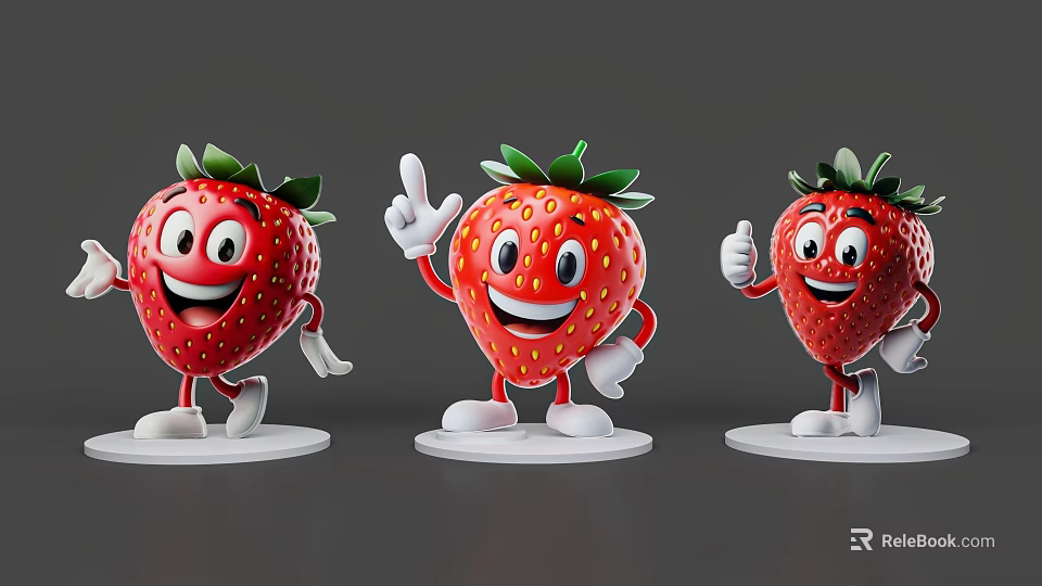 Cute Cartoon Strawberry Pendant with Smiling Face Different Hand Gestures Green Leaves and White Base 3d model 