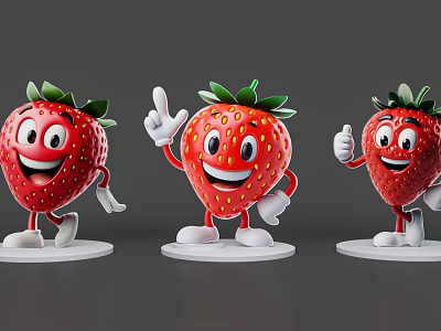 Cute Cartoon Strawberry Pendant with Smiling Face Different Hand Gestures Green Leaves and White Base 3d model