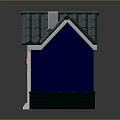 Blue House With Gray Tiled Roof White Door Frame Red Bench And Wall Lantern
