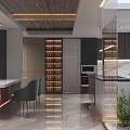Modern Open Living Dining Room With Sofa Coffee Table Wine Cabinet Marble Wall And Chandelier