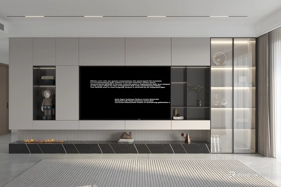 Modern TV Wall Design With Built in Cabinets Open Shelves And Soft Ambient Lighting 3d model 