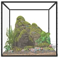 Decorative Figurine Set in Glass Case with Moss Covered Rock Green Plants and Gorilla Statue