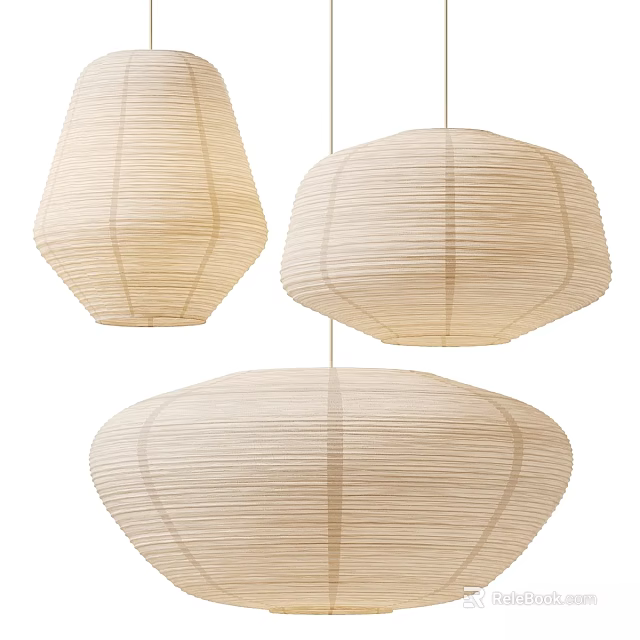 Three Beige Paper Pendant Lights With Striped Patterns And Various Shapes 3d model 