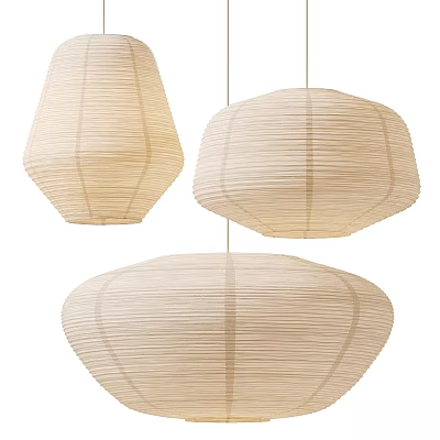 Three Beige Paper Pendant Lights With Striped Patterns And Various Shapes 3d model