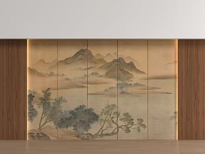Chinese Landscape Background Wall With Wooden Frame And Paneled Design Featuring Mountains Water And Trees 3d model
