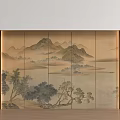 Chinese Landscape Background Wall With Wooden Frame And Paneled Design Featuring Mountains Water And Trees