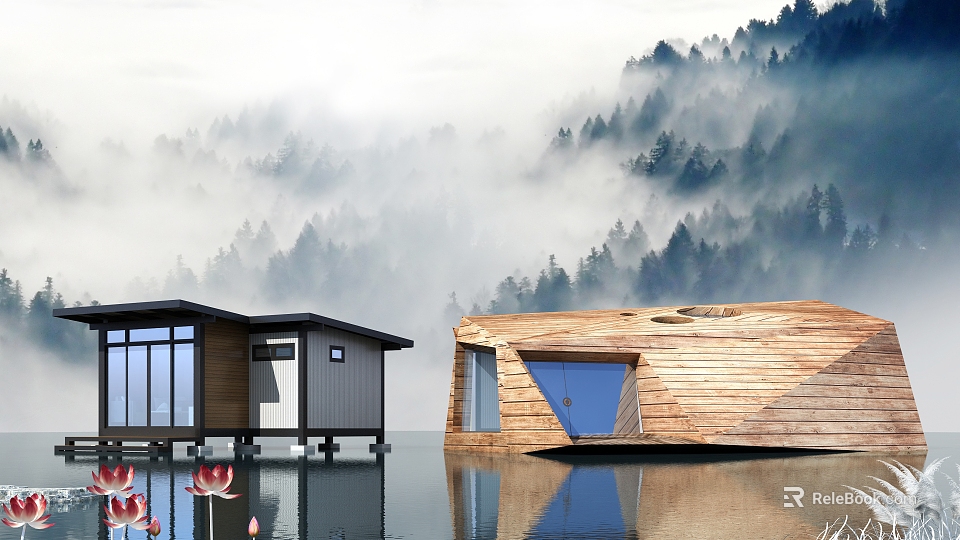 Detached Villa on Water With Wooden Structure Large Windows and Misty Forest Backdrop 3d model 