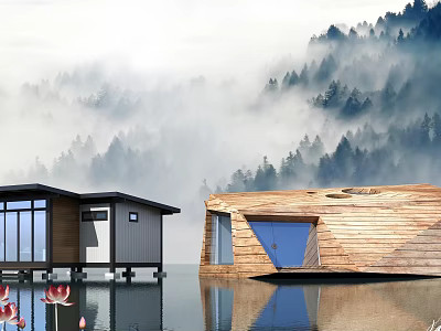 Detached Villa on Water With Wooden Structure Large Windows and Misty Forest Backdrop 3d model