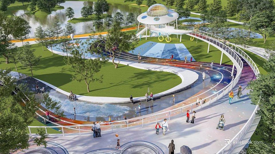 Scenic Waterfront Landscape Design With Spiral Walkway Green Space And Recreational Areas 3d model 