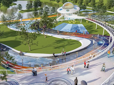 Scenic Waterfront Landscape Design With Spiral Walkway Green Space And Recreational Areas 3d model