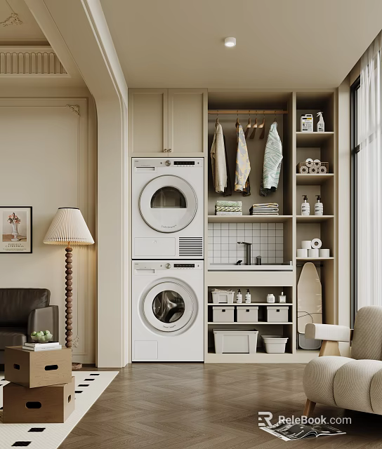 Home Balcony Space With Stacked Washer Dryer Storage Cabinets Towels And Decorative Items 3d model 