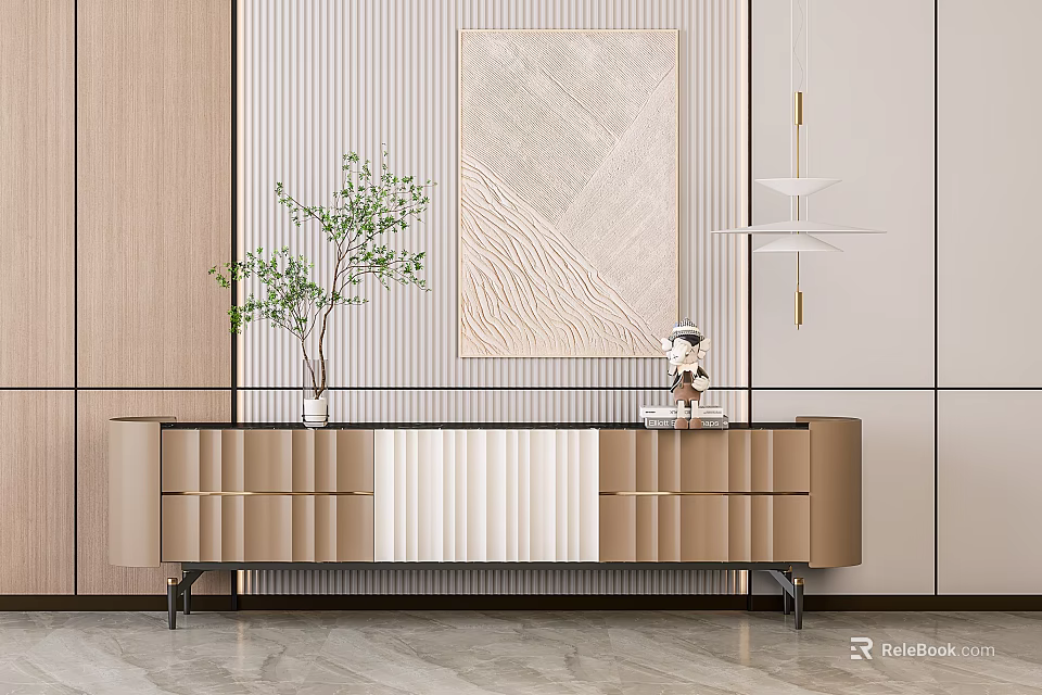 Modern Luxury TV Cabinet Beige And White With Metal Legs Drawers Decorative Painting Green Plant 3d model 