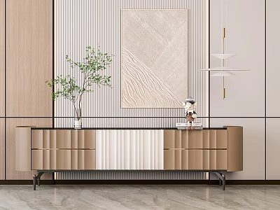 Modern Luxury TV Cabinet Beige And White With Metal Legs Drawers Decorative Painting Green Plant 3d model