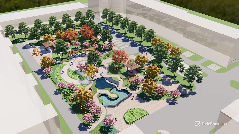 Lush Urban Square Landscape With Diverse Trees Flowering Plants Water Pond And Walking Paths 3d model 