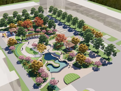 Lush Urban Square Landscape With Diverse Trees Flowering Plants Water Pond And Walking Paths 3d model