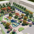 Lush Urban Square Landscape With Diverse Trees Flowering Plants Water Pond And Walking Paths