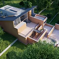 Modern Detached Villa With Sloped Wooden Roof Staircase Large Windows And Green Lawn Surroundings
