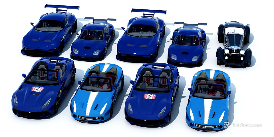 Blue Sports Cars Collection With Convertible Models And Rear Spoilers 3d model 