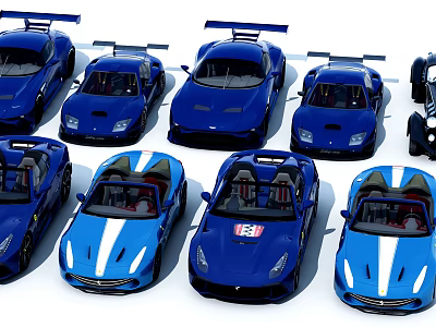 Blue Sports Cars Collection With Convertible Models And Rear Spoilers 3d model