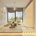 Traditional Teahouse Interior Design With Wooden Ceiling Screens Tatami Seating And Green Plants