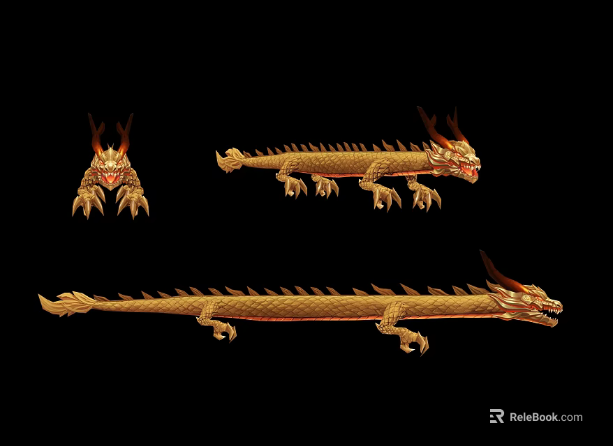 Flying Animal Golden Dragon in Multiple Poses With Flame Decorated Horns and Scaled Body 3d model 