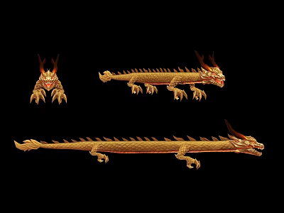 Flying Animal Golden Dragon in Multiple Poses With Flame Decorated Horns and Scaled Body 3d model