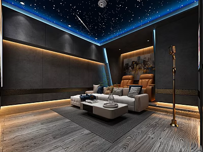 Modern Home Theater Room Interior With Starry Ceiling Blue Lighting Dark Walls And Comfortable Seats 3d model