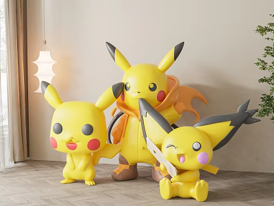 Cute Pikachu Plush Toys In Cozy Indoor Space 3d model