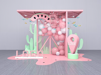 Pink Decorative Photo Spot With Balloons Cactus LOVE Sign Location Pin And LOGO 3d model