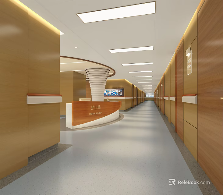 Elegant Hospital Corridor Featuring Wooden Walls Reception Desk And Ceiling Lights 3d model 