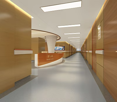 Elegant Hospital Corridor Featuring Wooden Walls Reception Desk And Ceiling Lights 3d model