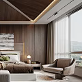 Modern Bedroom Interior With Wooden Ceiling Walls Bed Artwork And Area Rug