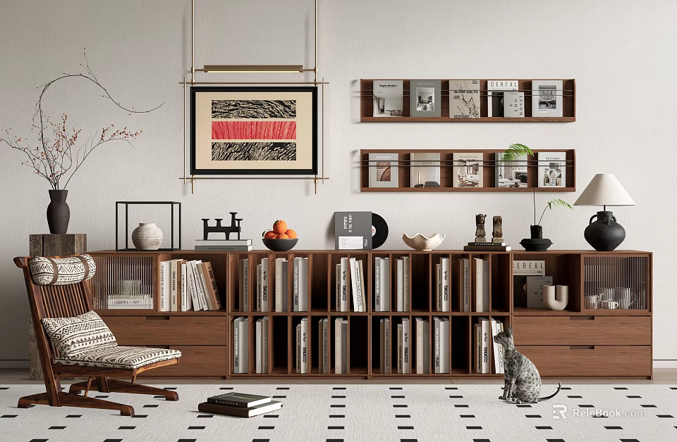 Modern Wooden Bookshelf Interior With Books Decorative Items Cat Chair And Painting 3d model 