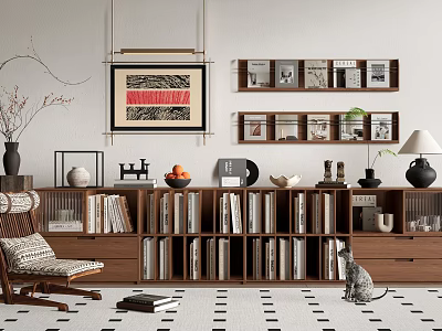 Modern Wooden Bookshelf Interior With Books Decorative Items Cat Chair And Painting 3d model