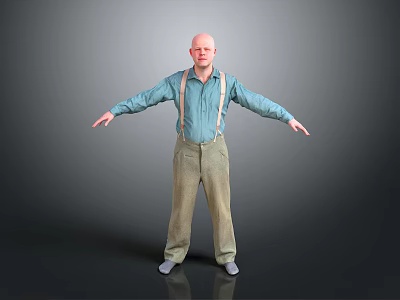 Bald Man Standing in Blue Shirt and Beige Suspenders with Arms Outstretched Against Gray Background 3d model