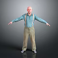 Bald Man Standing in Blue Shirt and Beige Suspenders with Arms Outstretched Against Gray Background