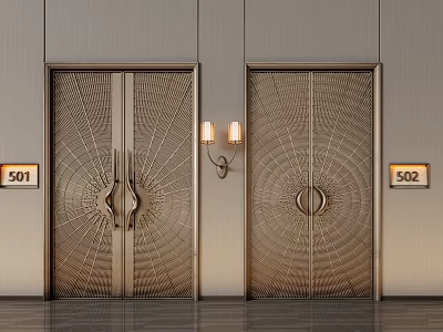 Elegant Modern Double Doors With Intricate Patterns And Wall Sconces Featuring Room Numbers 501 502 3d model