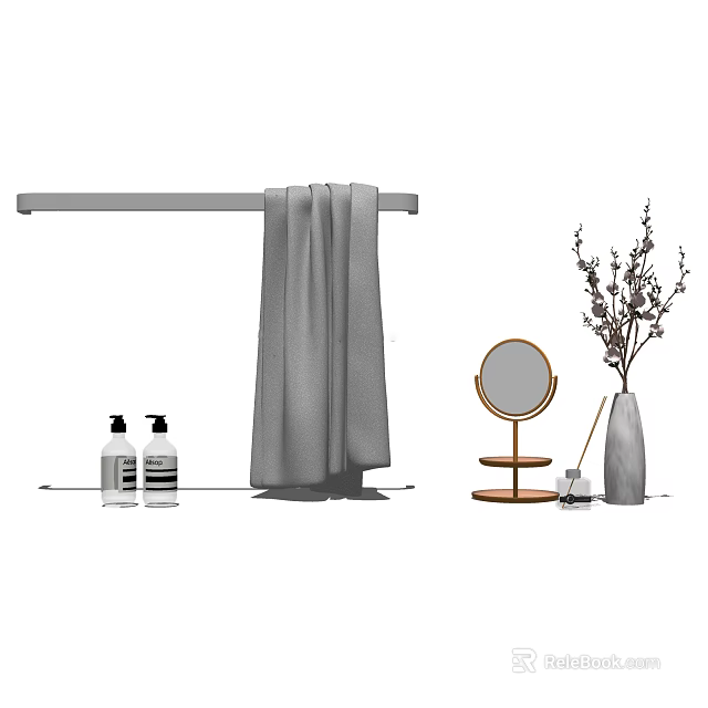 Essential Modern Bathroom Accessories Including Towel Rack Gray Towel Soap Bottles Round Mirror And Vase 3d model 