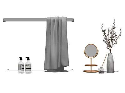 Essential Modern Bathroom Accessories Including Towel Rack Gray Towel Soap Bottles Round Mirror And Vase 3d model