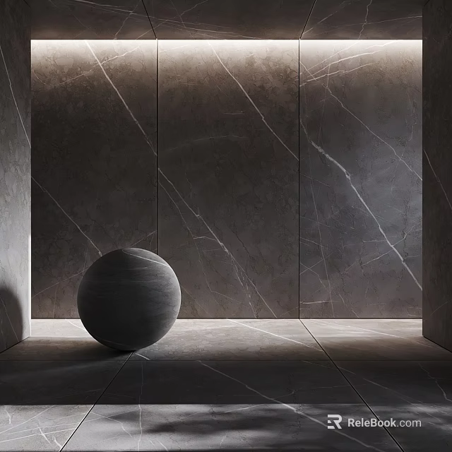 Modern Dark Tile Floor With Spherical Decor And Marble Wall 3d model 