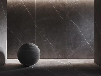 Modern Dark Tile Floor With Spherical Decor And Marble Wall 3d model