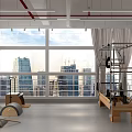 Modern Fitness Studio With Yoga Mats Exercise Balls Wooden Equipment Large Windows And City View