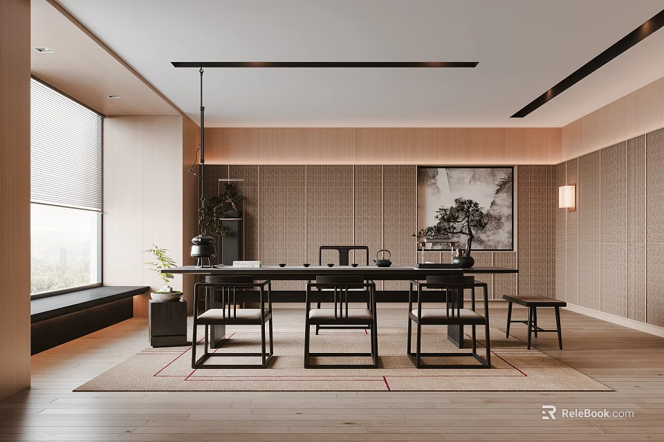 Modern Tea Room Interior With Wooden Walls Long Table Chairs Decorative Painting And Potted Plant 3d model 
