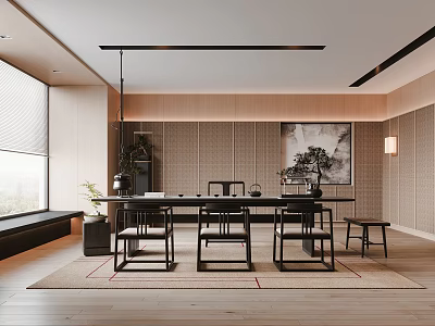 Modern Tea Room Interior With Wooden Walls Long Table Chairs Decorative Painting And Potted Plant 3d model