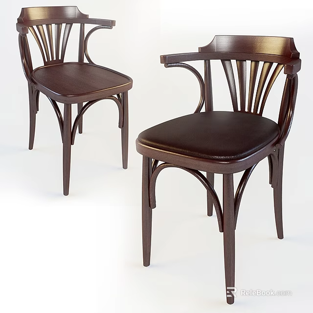 Classic Wooden Armchair With Leather Seat And Curved Spindle Back Design 3d model 